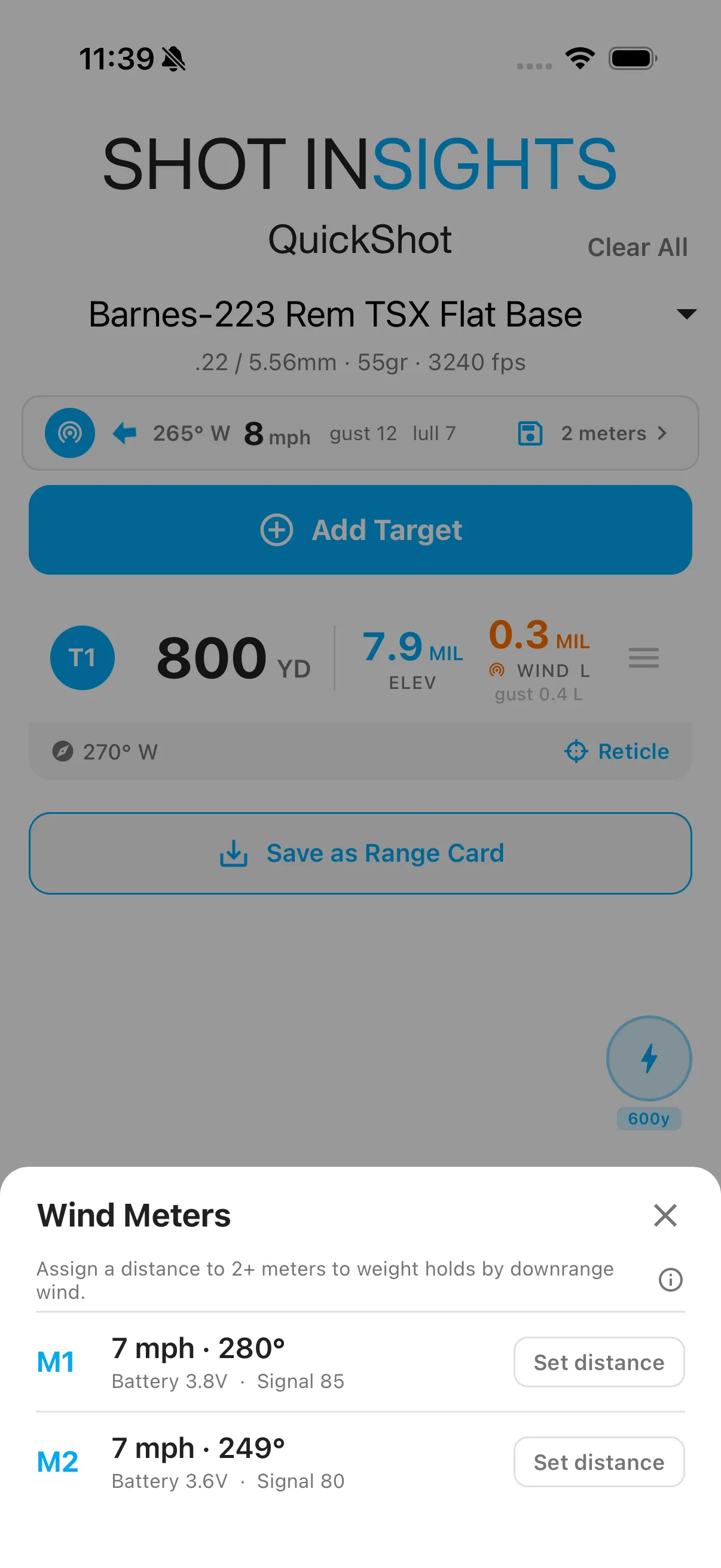 Wind Meters list with a Set Distance option for each connected meter