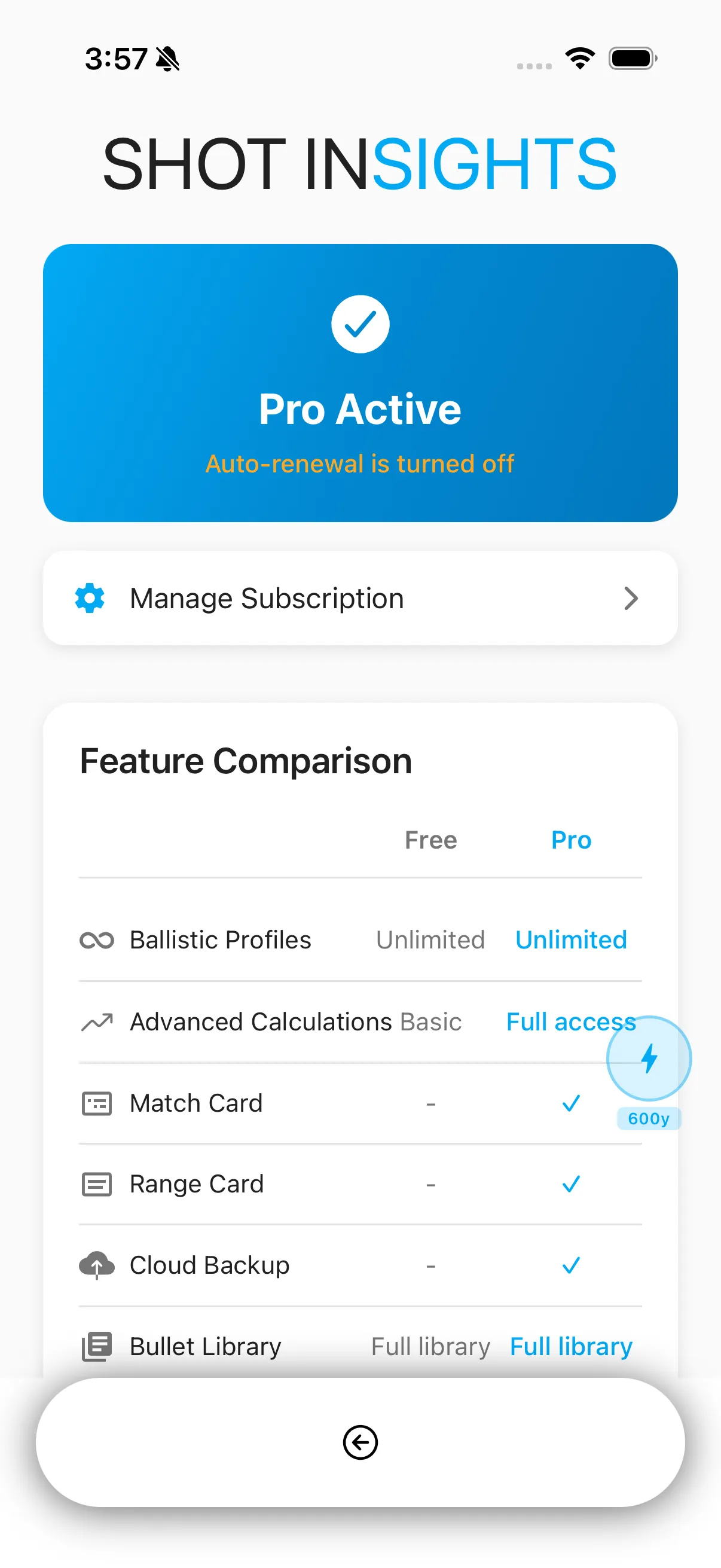 Manage subscription screen with Pro active and the free vs. Pro feature comparison