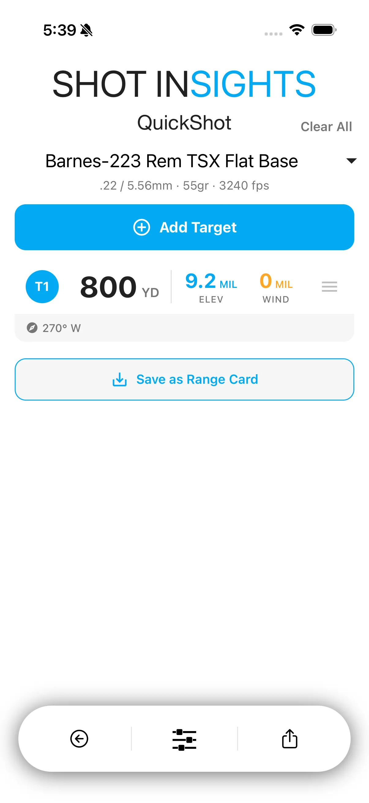 QuickShot card with a target's elevation and wind hold