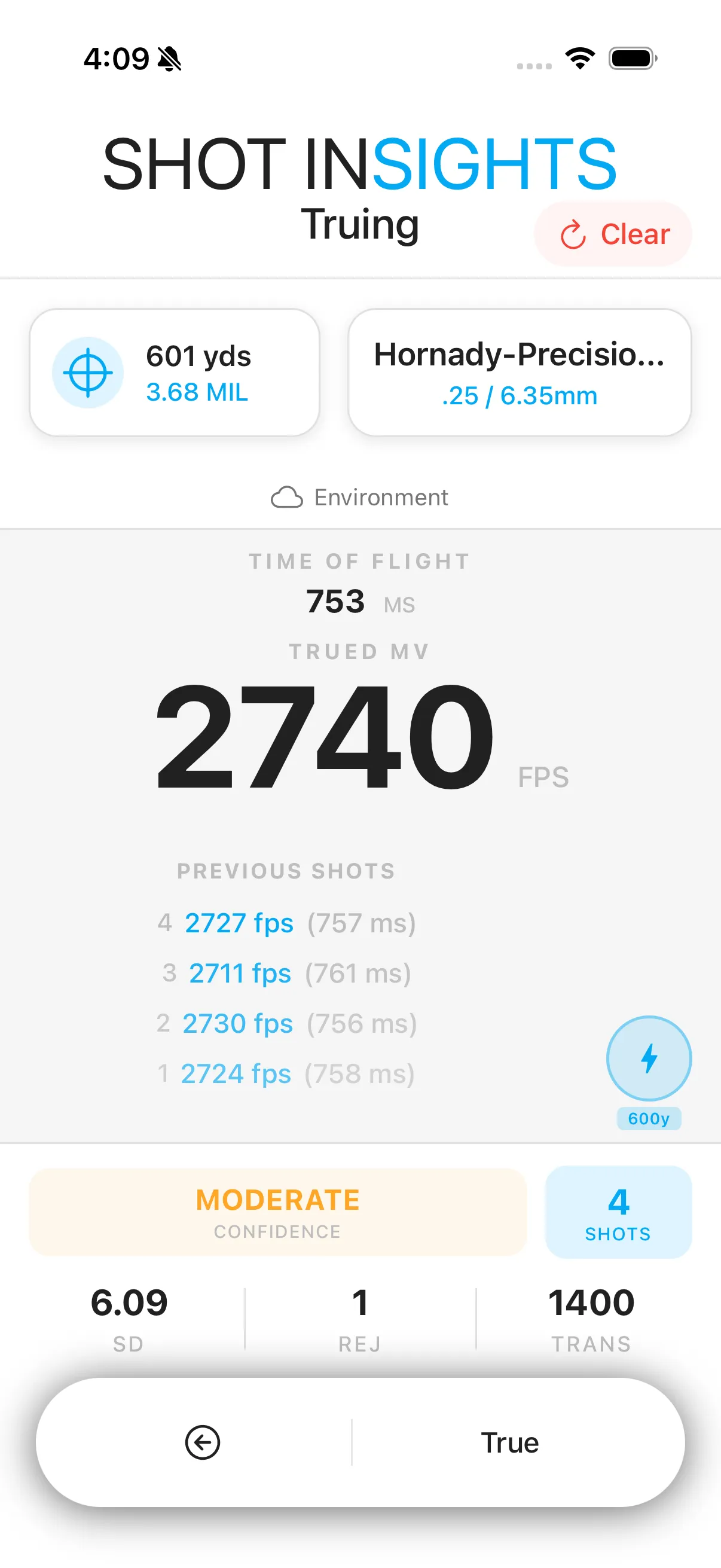 Truing screen with a trued muzzle velocity and recorded shots